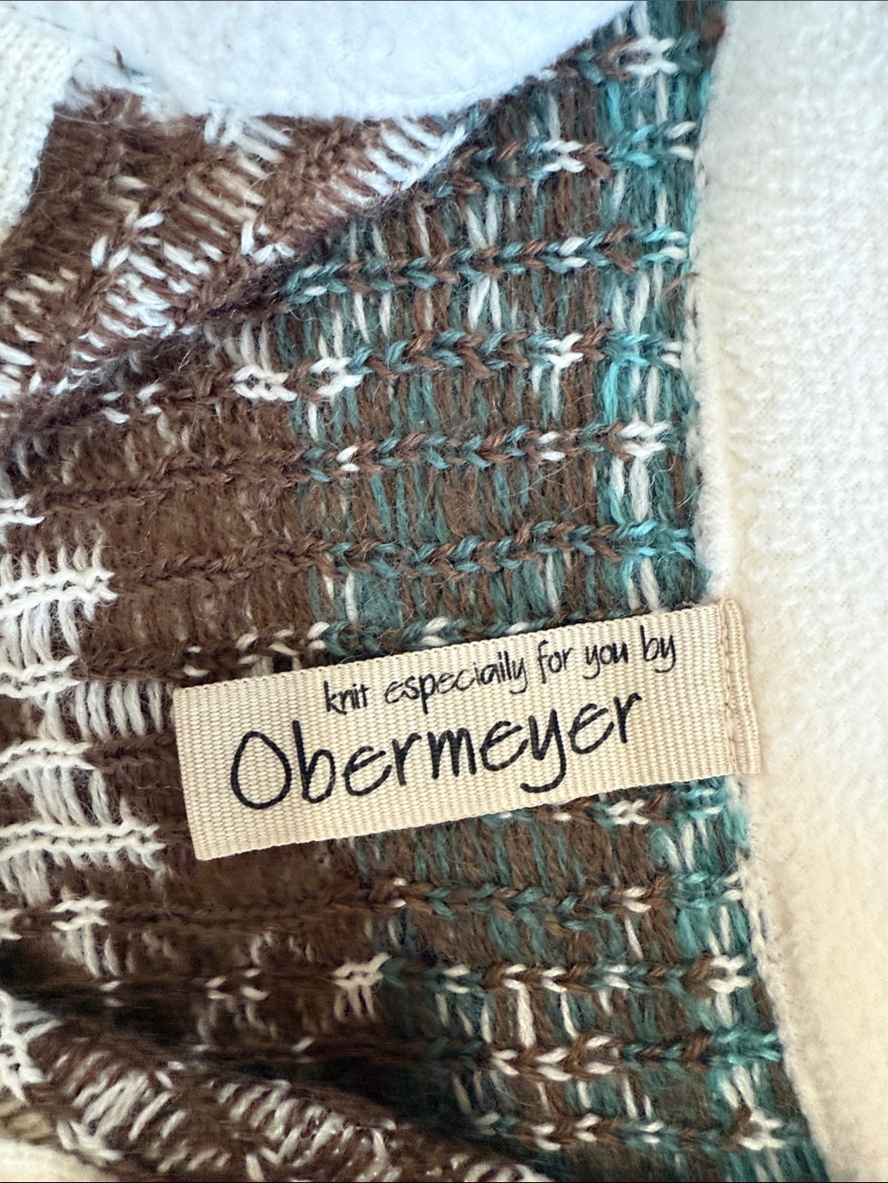 Obermeyer 1/4 zip Cowl Neck Sweater in White, Brown & Teal - Picture 2 of 10